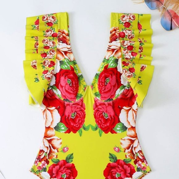 Callie Chartreuse: Red Peony Floral Print Ruffle Cap Sleeve Retro Swimsuit - Picture 12 of 17